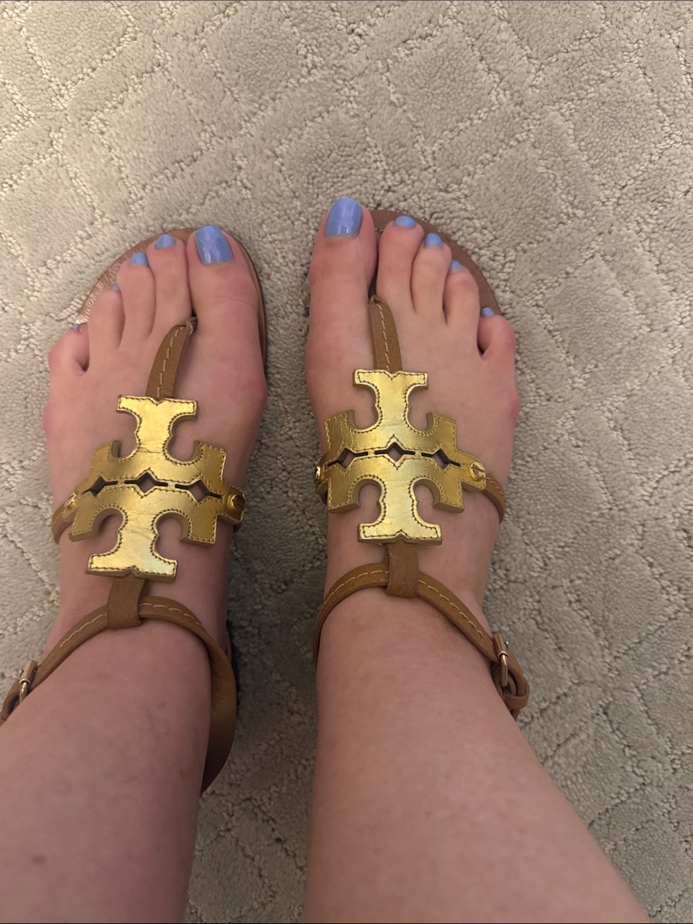 Tory Burch Gold Logo T-Strap Sandals with Tan Straps